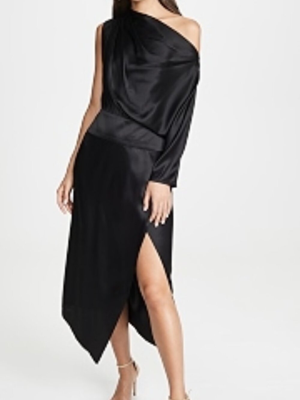 Michelle Mason One-Shoulder Black Evening Dress with Draped Neckline